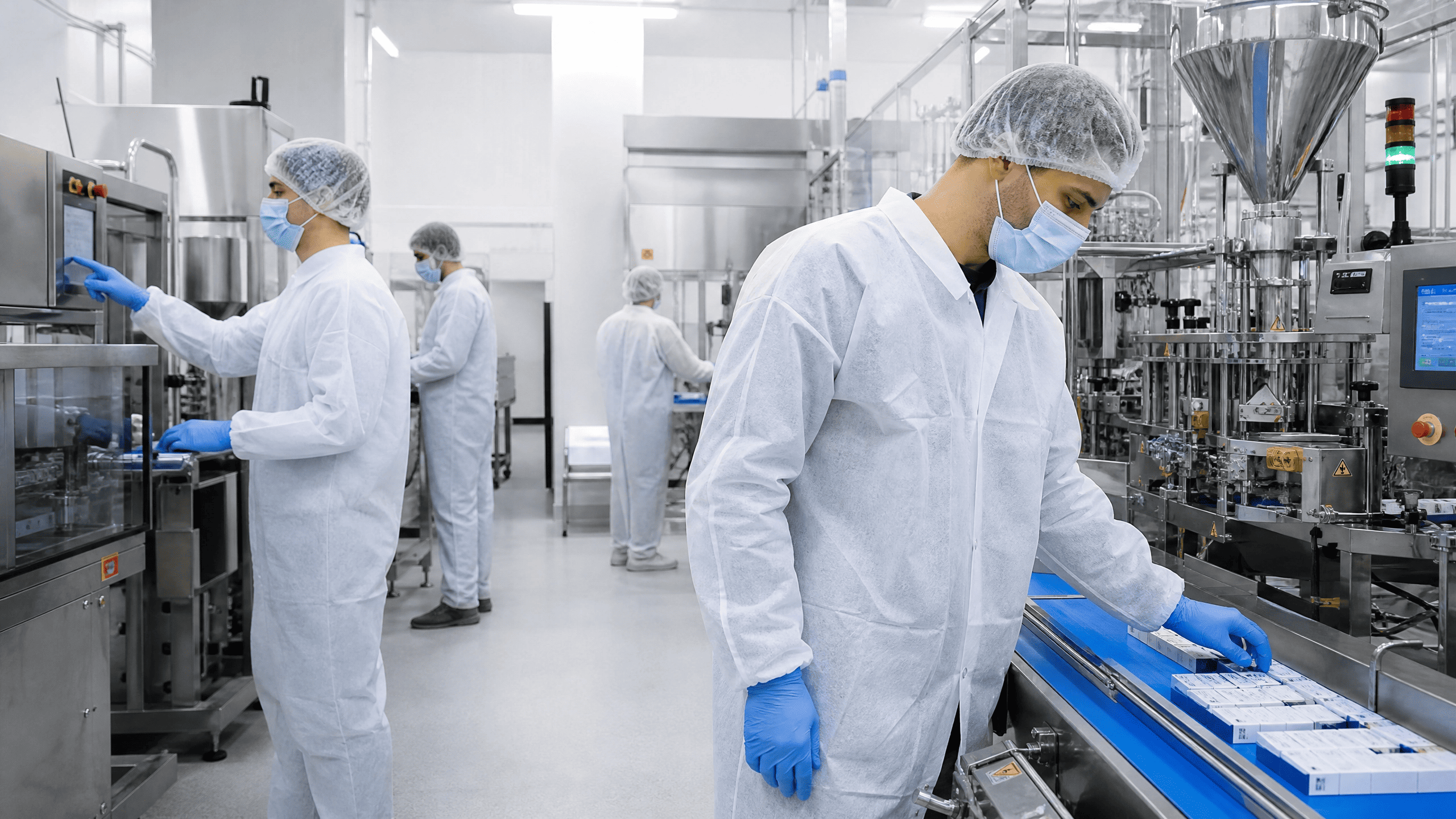 Op&eacute;rateurs en blouse jetable blanche, charlotte et masque sur une ligne de production agroalimentaire